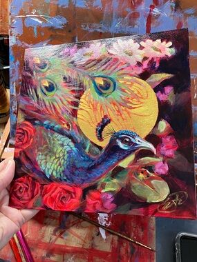 Peacock bird original painting floral still life surreal flower garden ladybugs